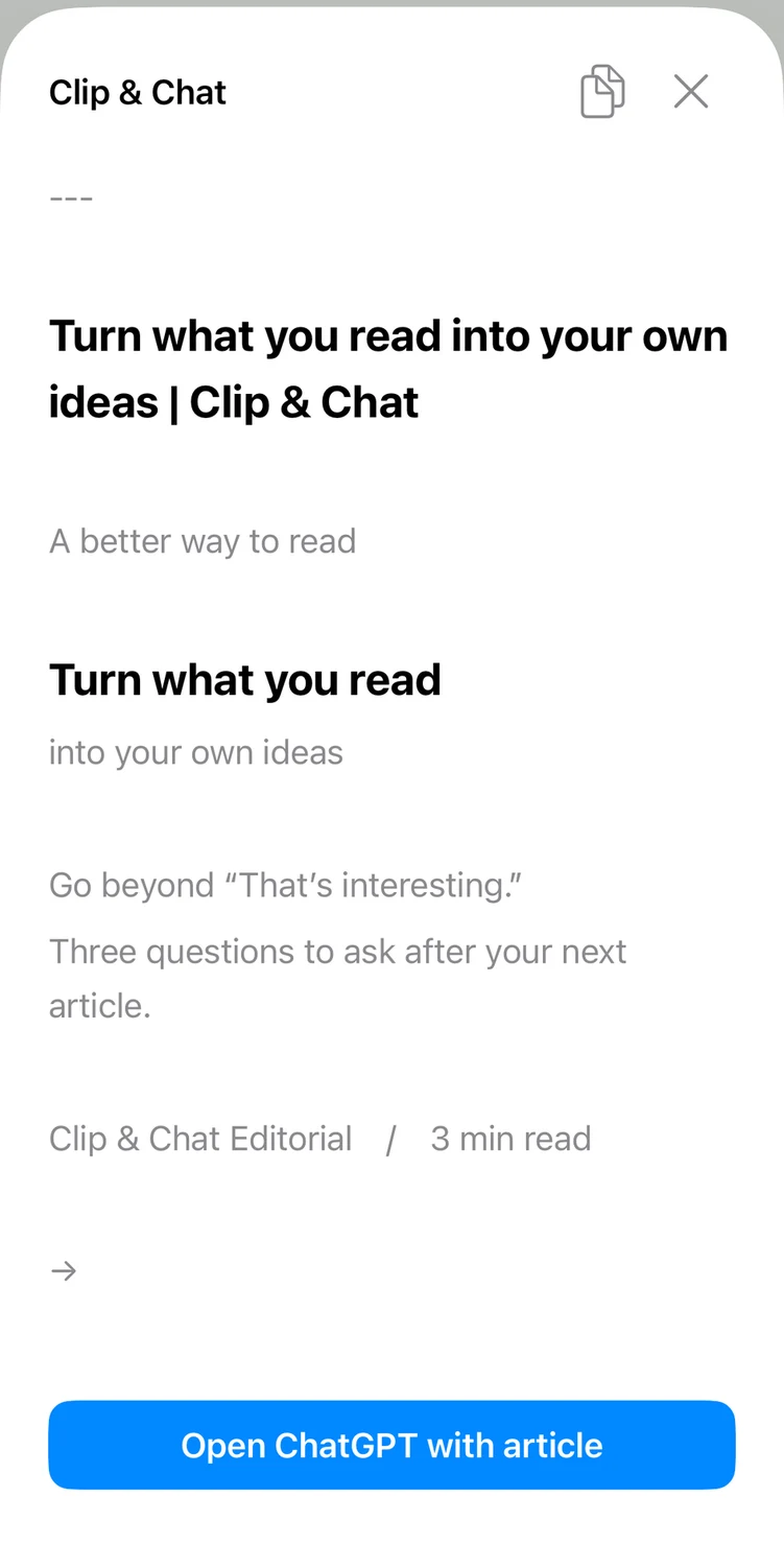 Article text and headings in Clip & Chat, with a button to open ChatGPT with the article