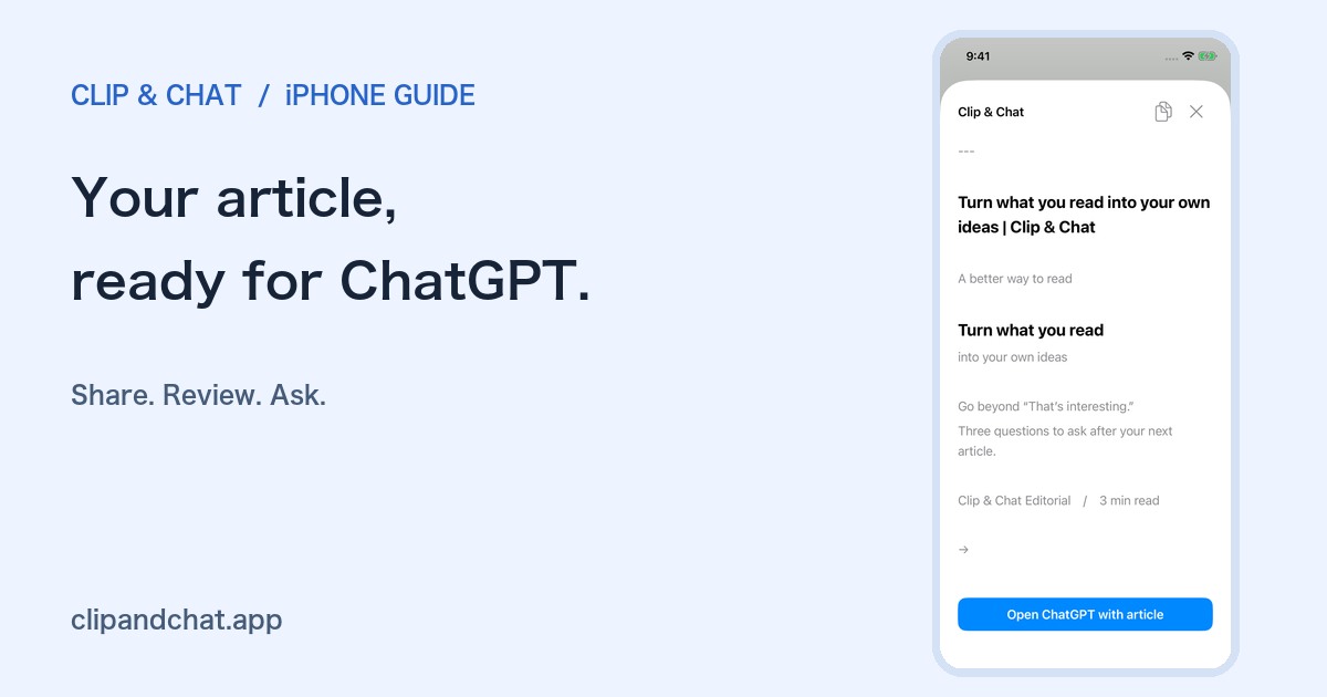 Clip & Chat showing article text ready to pass from Safari to ChatGPT